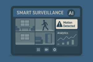 AI surveillance dashboard showing real-time camera feeds, motion alerts, and analytics for modern security systems.