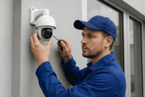 Technician mounting a CCTV camera on a building exterior