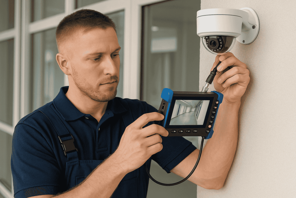 Technician checking security camera connections and camera quality