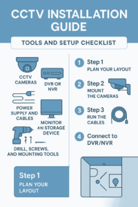 CCTV installation guide infographic showing tools and step-by-step setup process