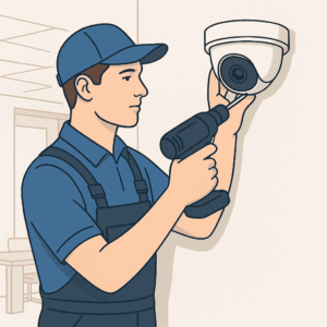 Professional installer mounting CCTV camera on wall during installation step by step