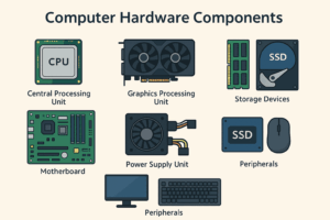 Illustration showing different computer hardware components such as CPU, GPU, RAM, storage, and motherboard