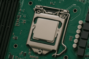 Close-up of a computer motherboard showing CPU socket, RAM slots, and chipset