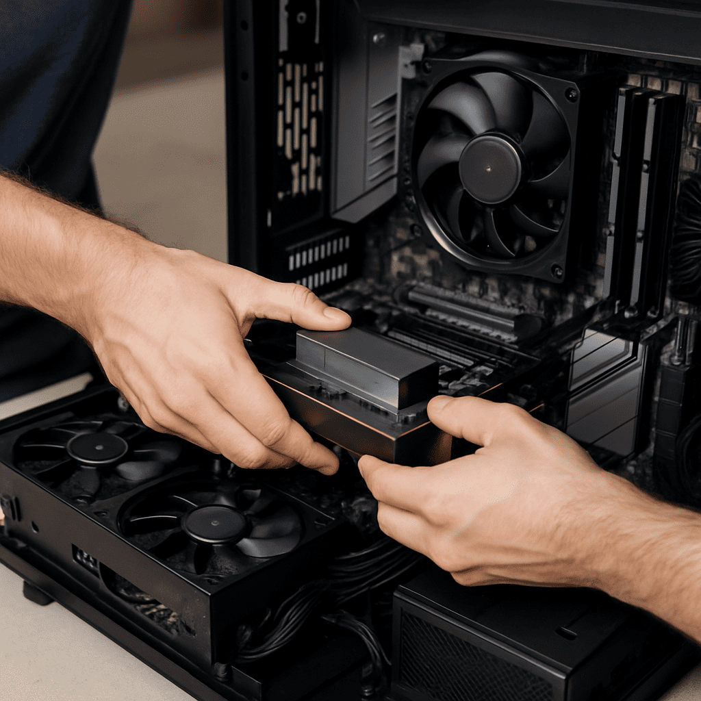 Hands assembling a computer by installing components inside a PC case