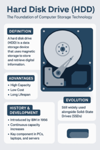 infographic explaining what is a hard disk drive and its role in computer storage technology