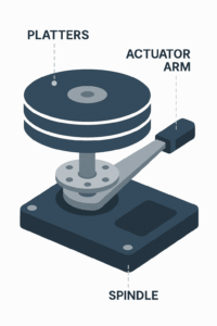 diagram showing hard disk drive internal components including platters, actuator arm, and spindle