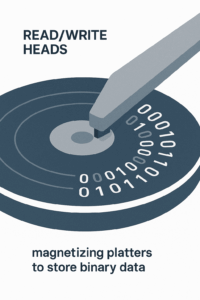 illustration of hard disk drive read and write heads magnetizing platters to store binary data