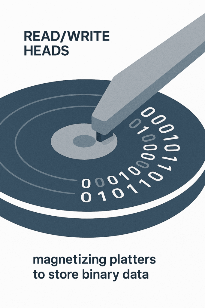 illustration of hard disk drive read and write heads magnetizing platters to store binary data