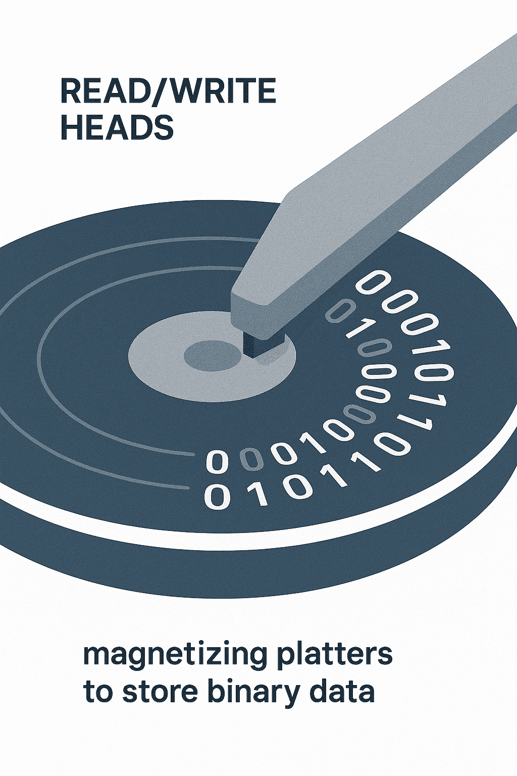 illustration of hard disk drive read and write heads magnetizing platters to store binary data