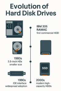 timeline showing evolution of hard disk drives from IBM 305 RAMAC to modern high-capacity HDDs