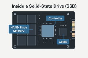 Diagram showing internal components of a Solid-State Drive (SSD) including NAND flash memory, controller, and cache.