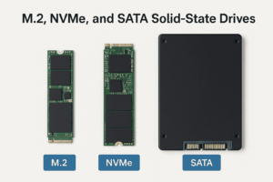 Photo comparison of M.2, NVMe, and SATA Solid-State Drives with labels showing different interfaces.