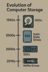 Timeline infographic showing the evolution of computer storage from HDDs to SSDs and NVMe drives.