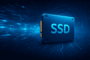 Modern solid-state drive with digital data streams and futuristic tech background representing high-speed computer storage.