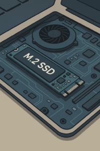 Illustration showing M.2 Solid-State Drive installed on a laptop motherboard slot.