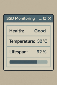 Screenshot-style image showing SSD monitoring software with health, temperature, and lifespan data.