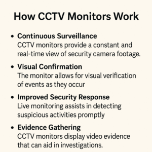 Text-based diagram comparing CCTV monitors and regular computer monitors by input type, usage, and lifespan.