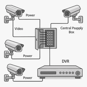 Diagram showing CCTV cameras connected to a central power supply box and DVR