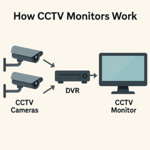Diagram showing how CCTV cameras connect to DVR or NVR devices and display video feeds on a CCTV monitor.