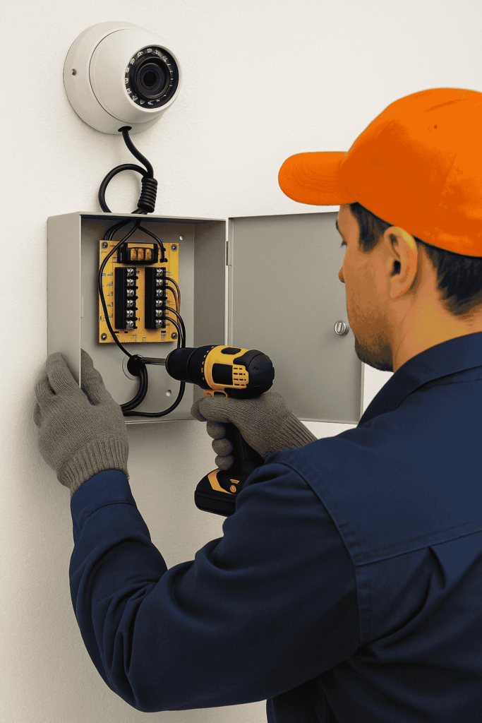 Technician installing a CCTV power supply box for a surveillance camera system