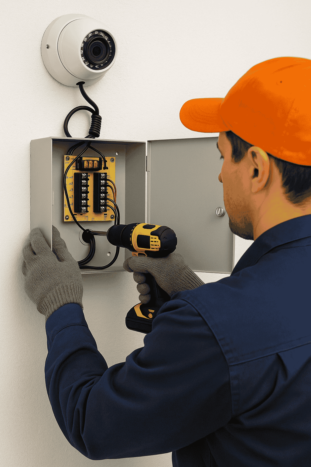 Technician installing a CCTV power supply box for a surveillance camera system